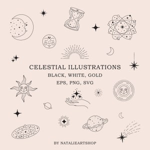 Ilustrações celestiais SVG-Astrologia clipart-Conjunto de símbolos cósmicos dourados PNG-Vector Magic clipart-Ilustrações místicas de lua-estrelas-Sol-Planetas
