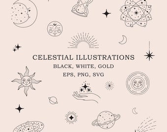 Celestial illustrations SVG-Astrology clipart-Gold Cosmic symbol set PNG-Vector Magic clipart-Mystical Moon-Stars Illustrations-Sun-Planets