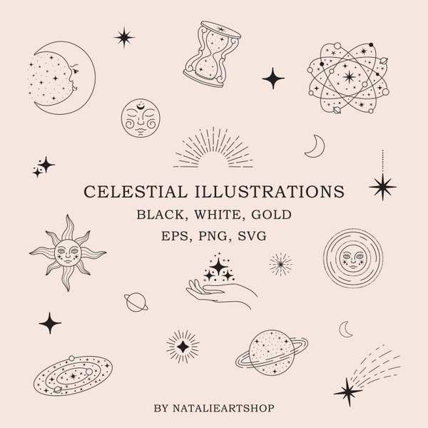 Celestial illustrations SVG-Astrology clipart-Gold Cosmic symbol set PNG-Vector Magic clipart-Mystical Moon-Stars Illustrations-Sun-Planets