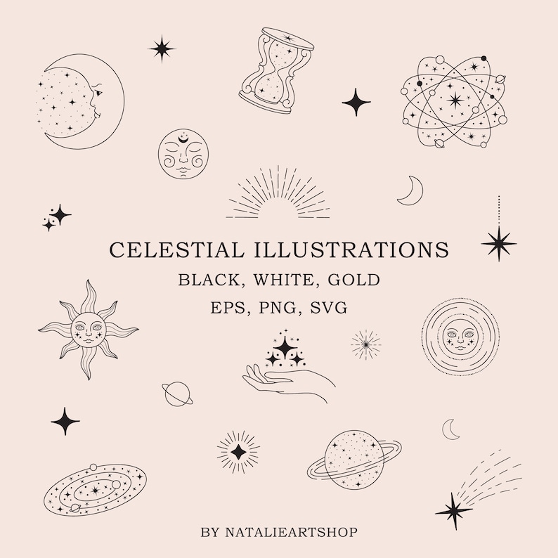 May include: A set of celestial illustrations in black and white, featuring a sun, moon, stars, planets, and other celestial bodies. The illustrations are perfect for use in digital or print projects.