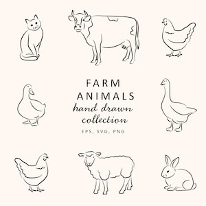 Imágenes prediseñadas de animales de granja, conjunto de SVG y PNG de animales minimalistas, decoración de granja, páginas para colorear, manualidades de animales de granja para niños, ilustraciones