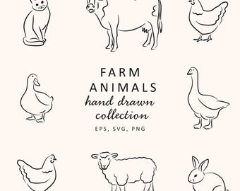 Boerderijdieren lijntekeningen clipart, minimalistische dieren SVG png-set, decor boerderij, kleurplaten, boerderijdieren voor kinderen ambachten, illustraties
