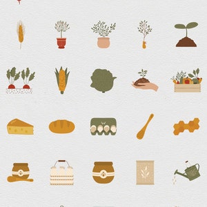 May include: A set of 25 colorful illustrations of farm and garden items, including vegetables, fruits, plants, tools, and food. The illustrations are in a cartoon style and are perfect for use in a variety of projects.