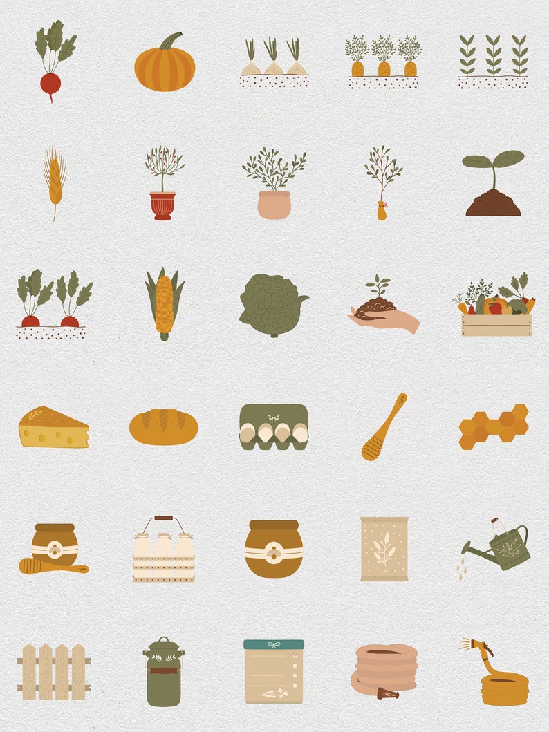 May include: A set of 25 colorful illustrations of farm and garden items, including vegetables, fruits, plants, tools, and food. The illustrations are in a cartoon style and are perfect for use in a variety of projects.