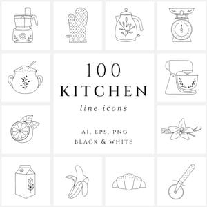 Jeu d'icônes de cuisine/Illustration de cuisine/Clip art alimentaire/Icônes de ligne dessinées à la main/Couverture de surbrillance Instagram/Autocollants numériques pour ustensiles de cuisine PNG/Boulangerie