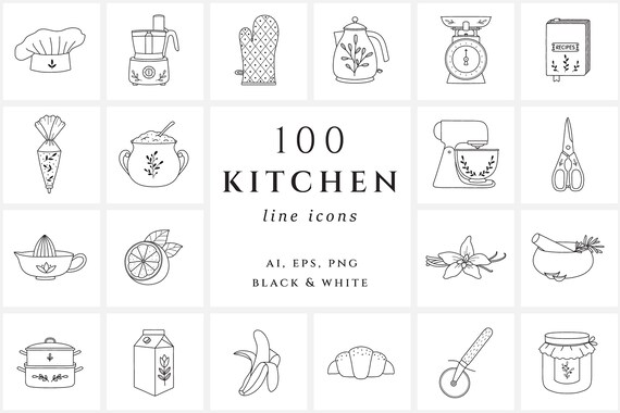 Kitchen icon set/Cooking illustration/Food clip art/Hand drawn line icons/Instagram highlight cover/Kitchenware digital stickers PNG/Bakery
