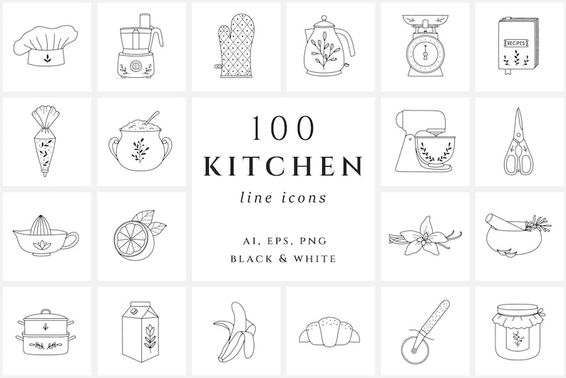 Puede incluir: Un conjunto de 100 iconos de l&iacute;nea en blanco y negro que representan diversas herramientas y electrodom&eacute;sticos de cocina. Los iconos incluyen un gorro de cocinero, un procesador de alimentos, un guante de cocina, una tetera, una b&aacute;scula de cocina, un libro de cocina, una manga pastelera, una olla, una batidora de pie, unas tijeras, un exprimidor de c&iacute;tricos, un lim&oacute;n, una vaporera, una caja de leche, un pl&aacute;tano, un croissant, un cortador de pizza y un frasco.