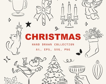 Christmas Line Art Clipart Set | Hand Drawn Holiday Doodles | Minimalist Christmas Icons, Outline Illustrations, PNG SVG Bundle