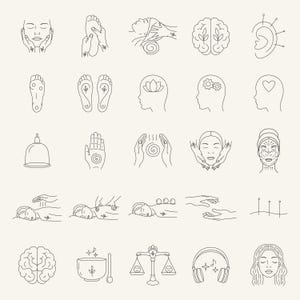 May include: A set of 25 line art icons depicting various holistic wellness practices, including massage, acupuncture, reflexology, meditation, and sound healing.