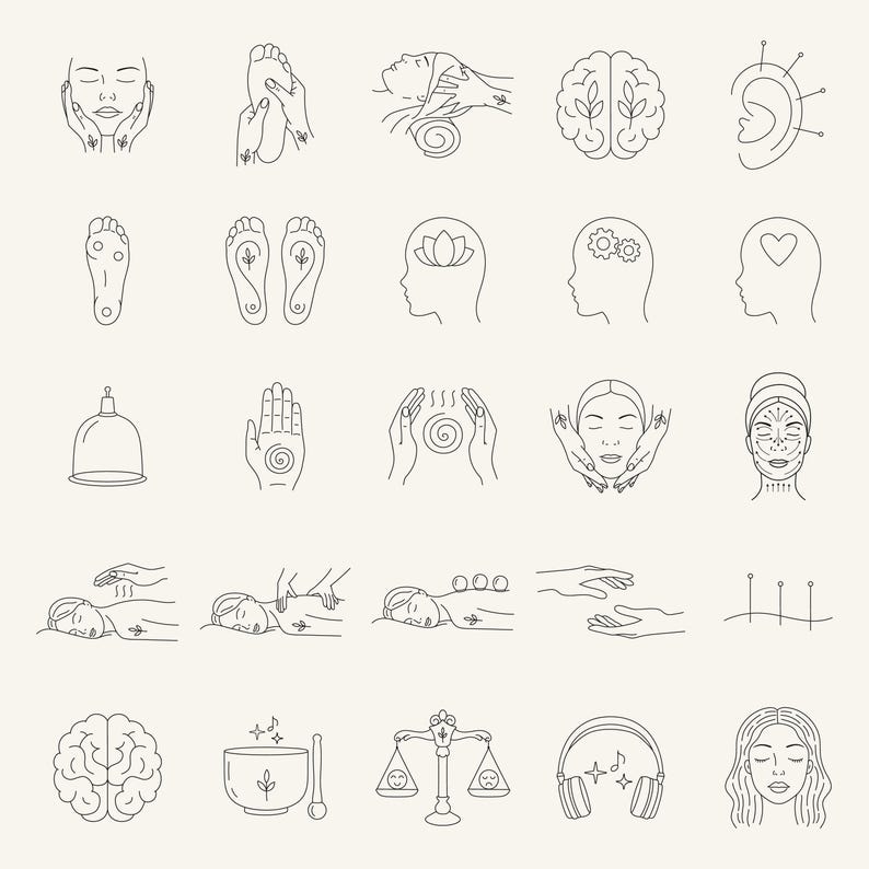 May include: A set of 25 line art icons depicting various holistic wellness practices, including massage, acupuncture, reflexology, meditation, and sound healing.