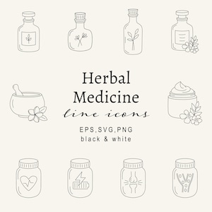 Iconos de arte lineal de medicina herbal SVG, conjunto de imágenes prediseñadas de boticario minimalista PNG, gráficos vectoriales de remedios botánicos, bienestar, diseños digitales