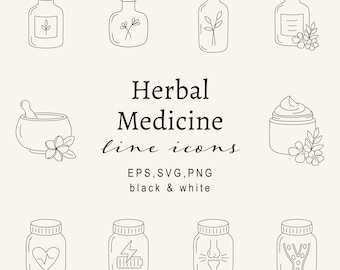 Kräutermedizin Line Art Icons SVG, minimalistischer Apotheker Clipart-Set PNG, Botanische Heilmittel Grafiken Vektorgrafik, Wellness, digitale Designs