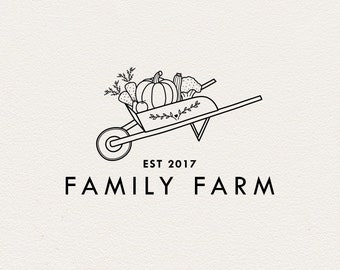 Wheelbarrow premade logo-Farm Garden logo-Lawn cart-Farmers market-Farming-Gardening Line Logo-Outline-Pushcart logo-Hand drawn-Garden cart