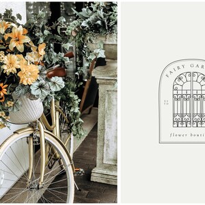 May include: A gold bicycle with a basket full of yellow and green flowers. The bicycle is parked in front of a white wall and a stone planter. The logo for "Fairy Garden Flower Boutique" is in the background.