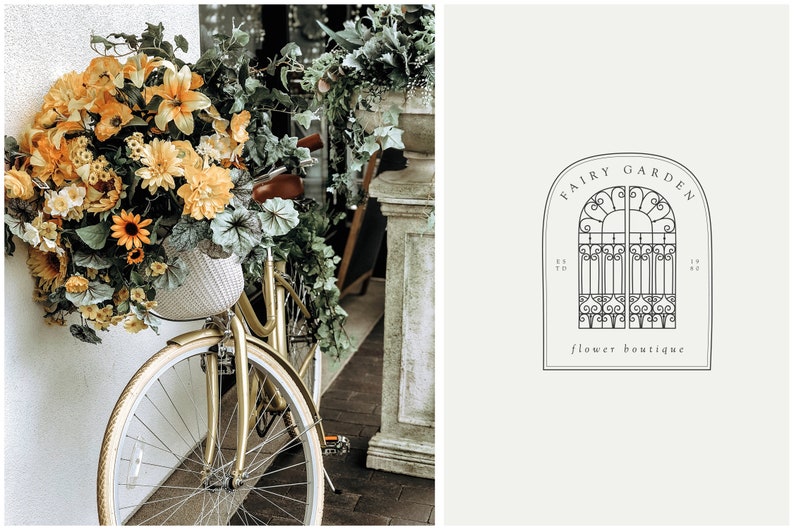 May include: A gold bicycle with a basket full of yellow and green flowers. The bicycle is parked in front of a white wall and a stone planter. The logo for "Fairy Garden Flower Boutique" is in the background.