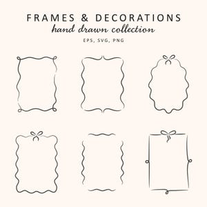 Puede incluir: Una colección de seis marcos y decoraciones dibujados a mano en tinta negra sobre un fondo crema. Los marcos varían en forma, incluyendo diseños rectangulares y ovalados, algunos con bordes ondulados y detalles de lazo. El texto dice "FRAMES & DECORATIONS hand drawn collection".