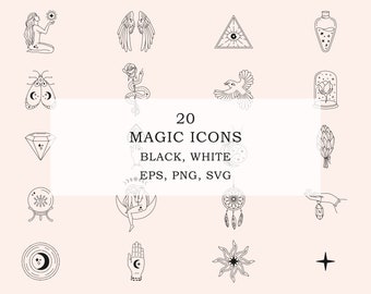 Może przedstawiać: Zestaw 20 czarno-białych ikon magicznych, w tym: rosnący księżyc, ręka z okiem, słońce, gwiazda, kryształ, ptak, wąż, ćma, łapacz snów, butelka, kwiat, kobieta ze słońcem, trójkąt z okiem, kula kryształowa, ręka trzymająca świecę, kwiat w szklanej kopule, bukiet kwiatów i skrzydła.