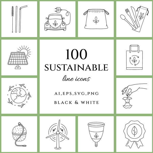 Ensemble d'icônes durables/Zero Waste/Eco-friendly illustration/Recycling/Environment/Green Living/Planner Icon Set/Icônes soulignées/Line Art/Vector