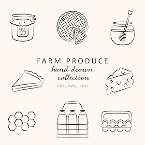 Könnte beinhalten: Eine Sammlung handgezeichneter Illustrationen von landwirtschaftlichen Produkten in Schwarzweiß. Das Bild zeigt ein Glas Kirschen, einen Kuchen, ein Honigglas mit einem Dipper, ein Stück Kuchen, ein Stück Käse, eine Honigwabe, einen Milchflaschenträger und eine Eierschachtel.
