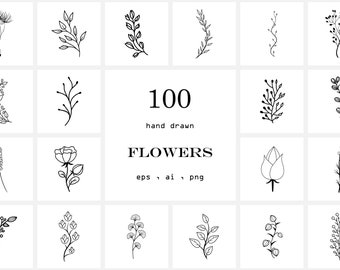 Botanical Clipart PNG Hand Drawn Flowers EPS Leaves Elements set Wedding Plant Foliage Collection Floral ornament Line illustration Outline