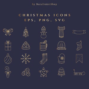 Ensemble d’icônes de Noël dessinées à la main d’or-Faits saillants instagram du Nouvel An-Illustration de contour SVG-Élément clipart PNG- Arbre de Noël vectoriel doré