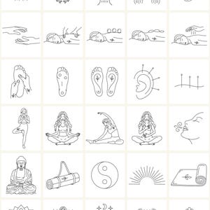 K&ouml;nnte beinhalten: Ein Satz von 25 Schwarzwei&szlig;-Zeichnungen, die verschiedene Yoga- und Spa-Behandlungen darstellen. Die Illustrationen umfassen Yoga-Posen, Massagetechniken, Akupunktur und Meditation.