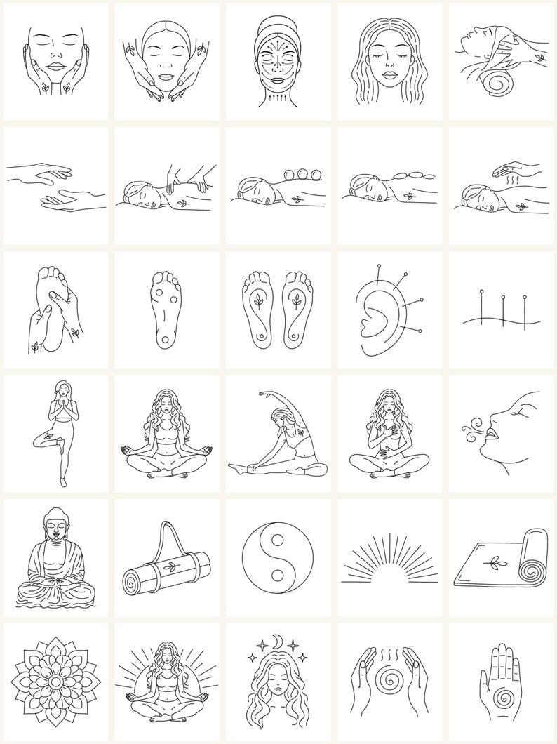 K&ouml;nnte beinhalten: Ein Satz von 25 Schwarzwei&szlig;-Zeichnungen, die verschiedene Yoga- und Spa-Behandlungen darstellen. Die Illustrationen umfassen Yoga-Posen, Massagetechniken, Akupunktur und Meditation.