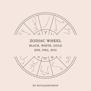 Roue du Zodiaque-Signes du zodiaque et constellations-Horoscope illustrations SVG-Astrologie EPS-Or Ensemble de symboles du zodiaque PNG-Vecteur Clipart céleste