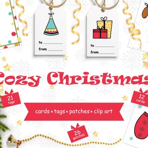 Cozy Christmas - kit de vacances . Étiquettes de salutation de Noel, cartes de voeux pré-faites, corrections avec des caractères mignons et des choses.