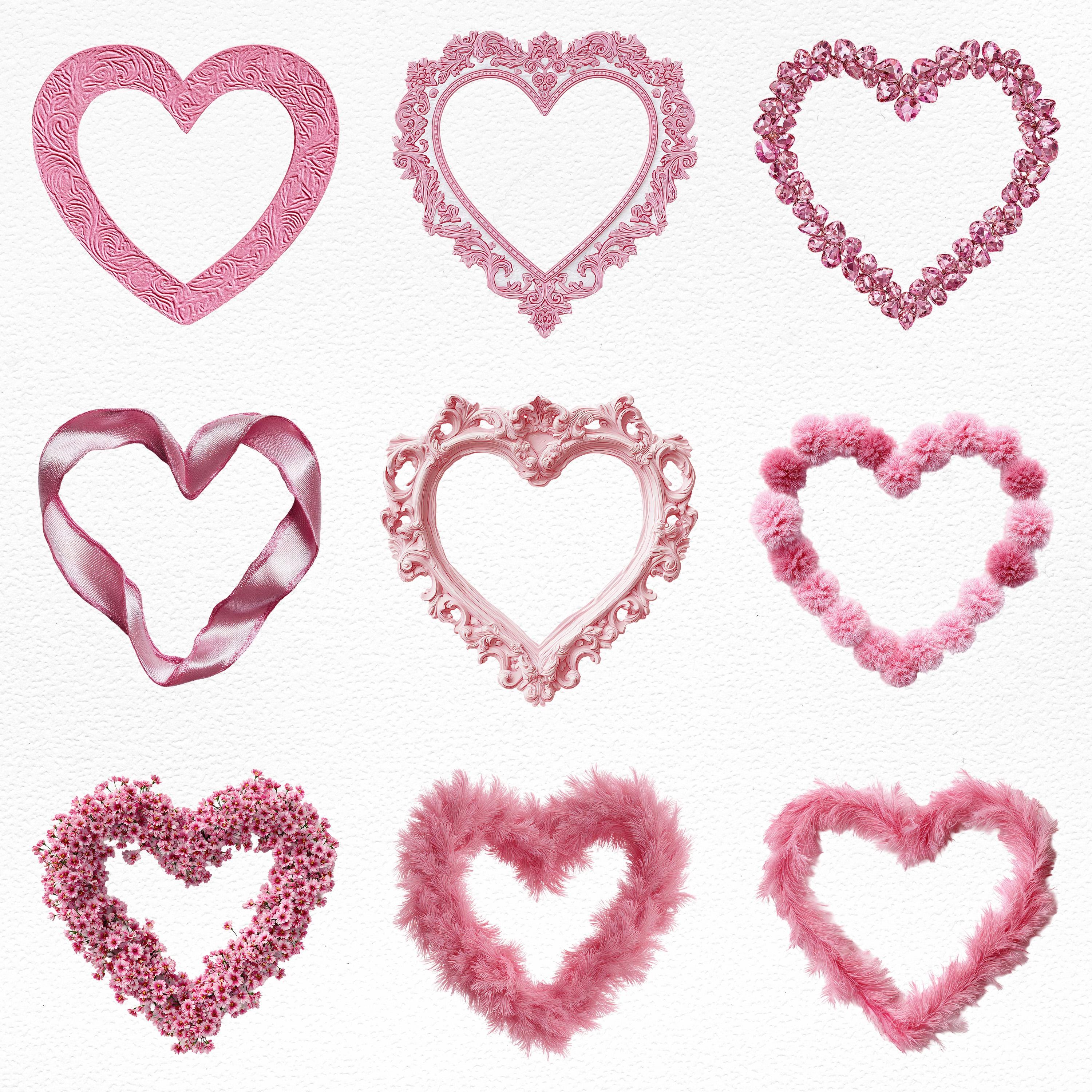 Pink Heart Frames Clipart Bundle | Lace, Fuzzy & Pearl Hearts PNG ...