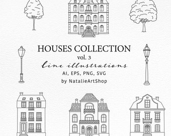 Op de afbeelding: Zwart-wit lijnillustraties met verschillende huisontwerpen, bomen en straatlantaarns. De tekst "HOUSES COLLECTION vol. 3 line illustrations" is zichtbaar. De afbeelding bevat ook de tekst "AI, EPS, PNG, SVG by NatalieArtShop."