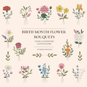 Set di bouquet di fiori del mese di nascita-Fiori del mese di nascita PNG-Fiori del mese di nascita SVG-Illustrazioni floreali-Clipart botaniche-Fiori di nascita-EPS floreali