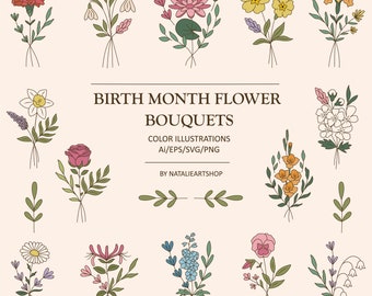 May include: A set of 12 line art illustrations of flower bouquets, each representing a different birth month flower. The bouquets are in various colors and styles, including carnations, lilies, roses, and daisies.