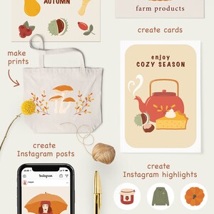 May include: A set of autumn-themed illustrations featuring a variety of elements, including mushrooms, leaves, a pear, a pumpkin, a teapot, a pie, and a woman with an umbrella. The illustrations are perfect for creating posters, logos, cards, Instagram posts, and Instagram highlights.