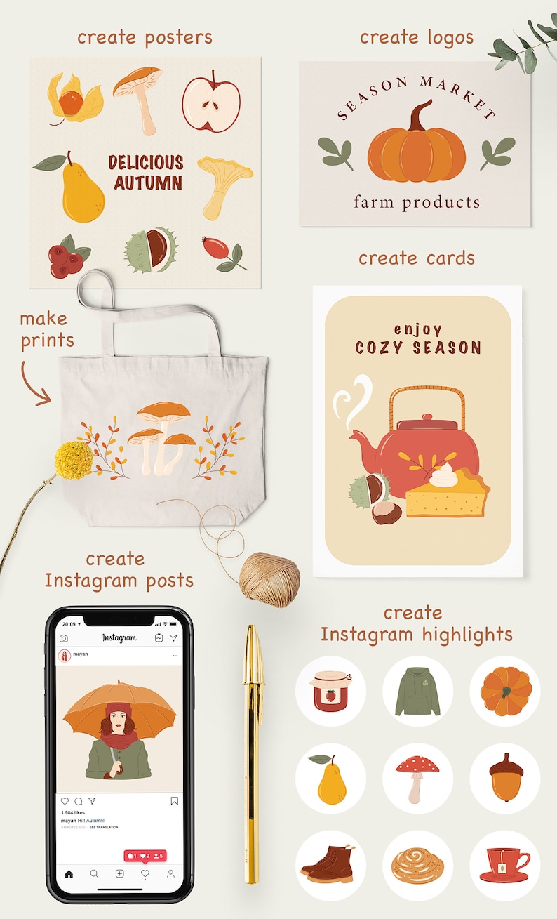 May include: A set of autumn-themed illustrations featuring a variety of elements, including mushrooms, leaves, a pear, a pumpkin, a teapot, a pie, and a woman with an umbrella. The illustrations are perfect for creating posters, logos, cards, Instagram posts, and Instagram highlights.