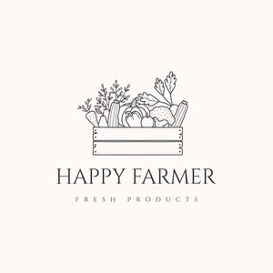 Farming Premade Logo,Gardening Line Logo,Farm outline logo,Garden Logo,Wooden crate with veggies,Organic Logo,Hand drawn,Farmers Market Logo