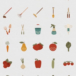 May include: A set of 30 colorful illustrations of gardening tools, vegetables, and fruits. The illustrations are in a cartoon style and feature a variety of colors, including red, green, yellow, and blue.