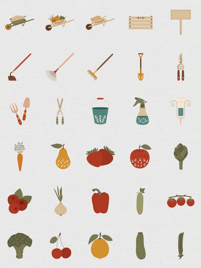 May include: A set of 30 colorful illustrations of gardening tools, vegetables, and fruits. The illustrations are in a cartoon style and feature a variety of colors, including red, green, yellow, and blue.
