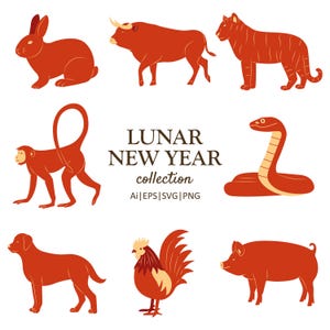 Chinese dierenriem dieren set Svg-maannieuwjaar illustraties-Chinees Nieuwjaar dieren PNG-sterrenbeeld clipart-sterrenbeeld vectorbestanden-sublimatiebestand