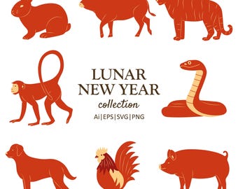 Chinese Zodiac Animals set Svg-Lunar New Year Clip art-Chinese New Year Animals PNG-Zodiac sign clipart-Zodiac vector files-Sublimation file