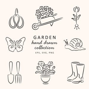 Jardim Linha Arte Clipart PNG, Floral Jardinagem Ilustração conjunto SVG, Digital Doodle Gráficos, Vetor Primavera Mão Desenhada Pacote, Caprichoso