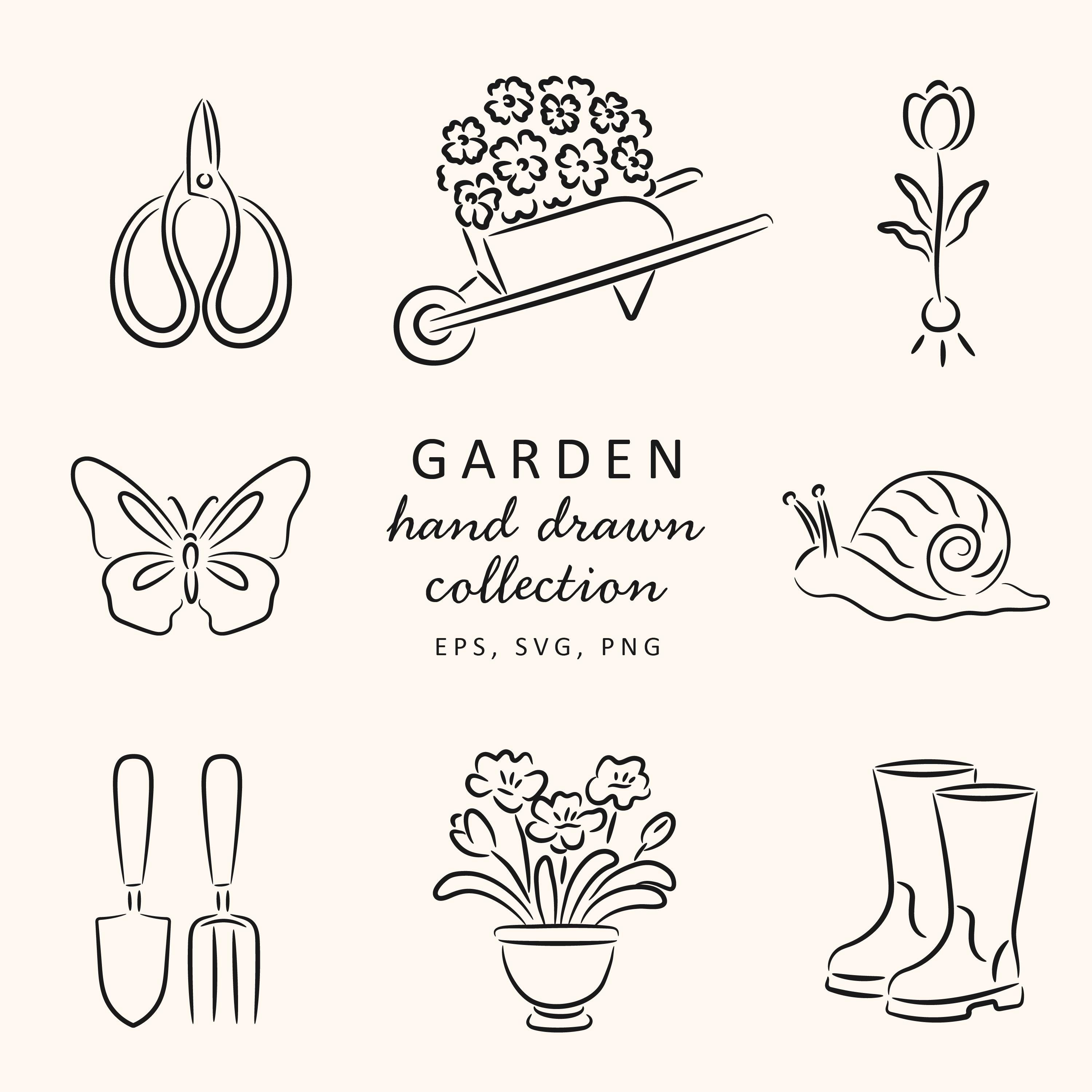 Garden Line Art Clipart PNG, Floral Gardening Illustration set SVG, Digital Doodle Graphics, Vector Spring Hand Drawn Bundle, Whimsical