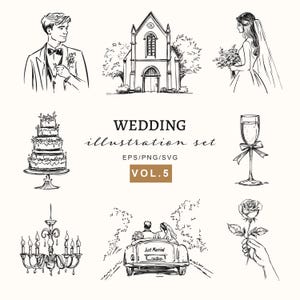 Paquete de ilustraciones de bodas de línea, gráficos florales y de lugares para invitaciones, señalización, marca, PNG/vector de boda, conjunto de San Valentín SVG