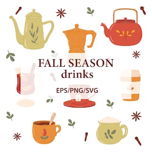May include: A set of fall season drinks illustrations, including a teapot, coffee pot, mug, glass, and a to-go cup. The illustrations are in a cartoon style and feature fall colors like orange, brown, and green. The text "FALL SEASON drinks" is written in a bold font.