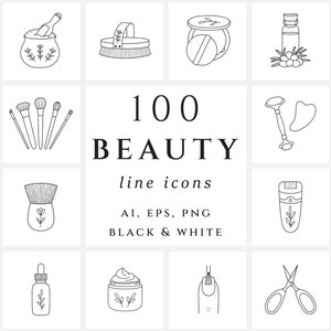 May include: A set of 100 black and white beauty line icons. The icons depict various beauty and spa items, including spa stones, makeup brushes, a bathtub, a jade roller, a face mask, a face, a robe, a cream jar, nail polish, scissors, and flip-flops. Text reads "100 BEAUTY line icons".