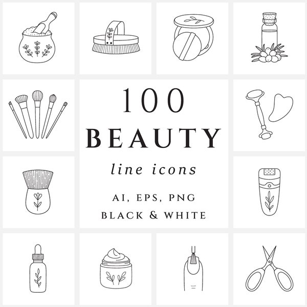 Conjunto de iconos de belleza / Paquete de iconos de spa / Ilustración cosmética / Clipart para el cuidado de la piel / Aspectos destacados de la historia de Instagram / Elementos del logotipo / Iconos de salón de belleza / Cuidado personal