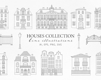 House illustration SVG/Chalet Line PNG/House clipart/Building Property/Real Estate icon/Church EPS/Canal house/Commercial use/Villa clip art