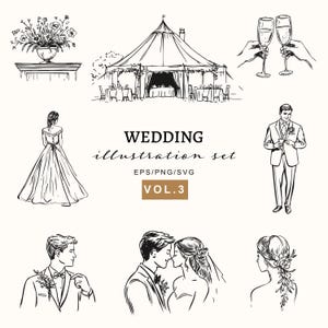 Paquete de ilustraciones elegantes para bodas, gráficos florales y de lugares para invitaciones, señalización, marca, PNG/vector de bodas, conjunto SVG para el día de San Valentín