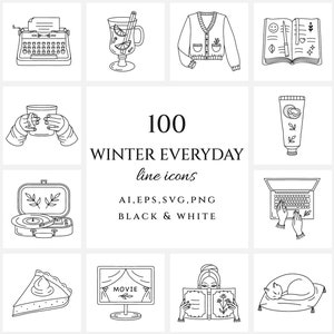 Winter Everyday Planner Line Icon Set / EPS Sticker / Everyday Object / Dagelijks schema / Logo-element / Clip art / PNG sticker / Kerstmis / Highlight cover