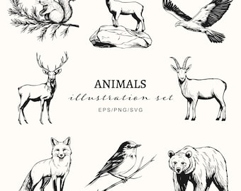 Wildlife Animal Vector Clipart Set, Woodland Animal Illustrations, Forest Deer, Fox, Bear, Digital SVG, Commercial use, Crafts PNG/Christmas